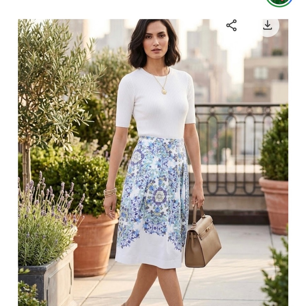 Talbots White Midi Skirt with Blue Floral Print  Size 6